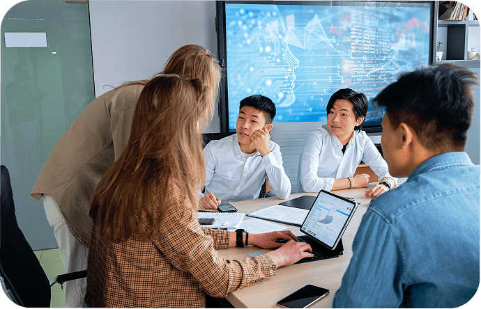 Team reviewing a completed task result, delivered end to end by an AI agent