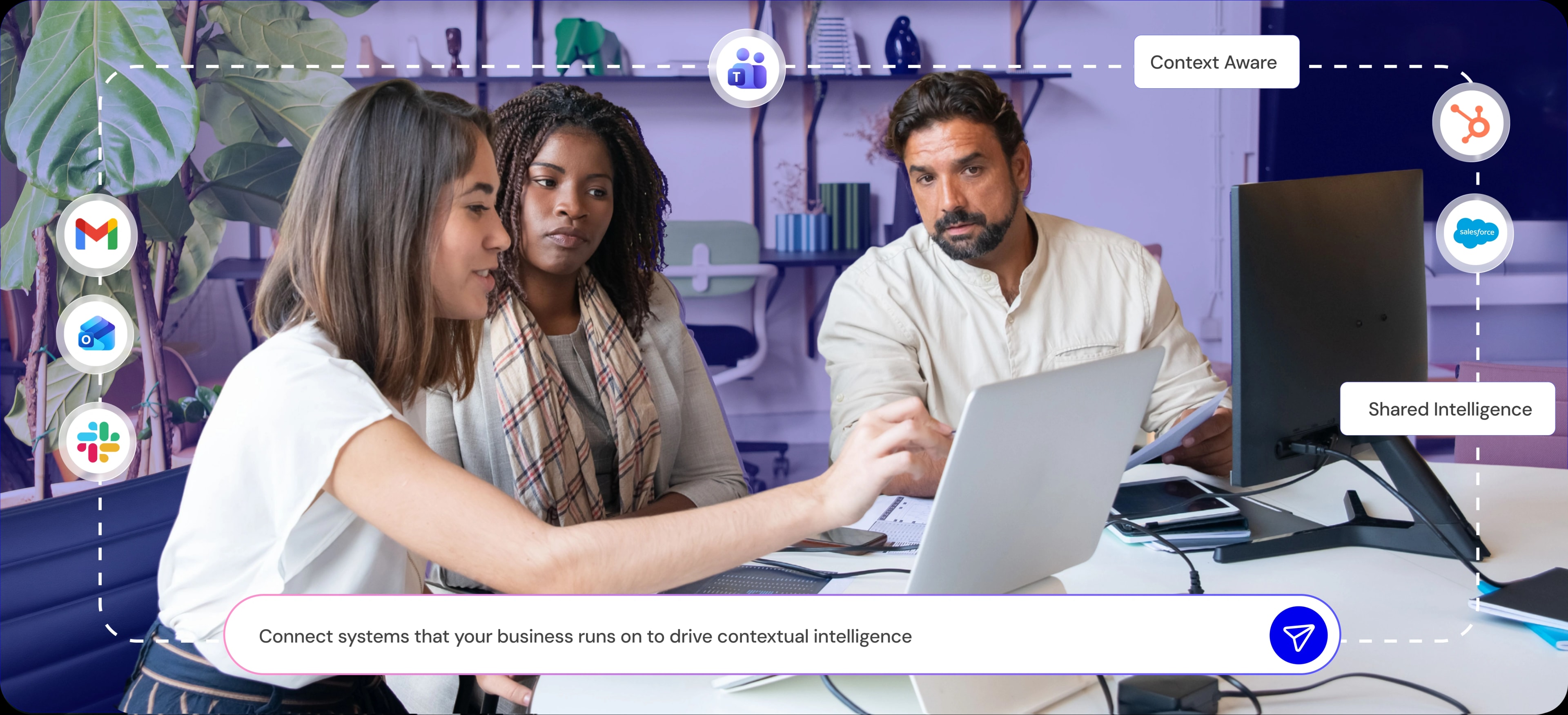 Compiled knowledge connecting Gmail, Outlook, Slack, Teams, HubSpot, and Salesforce around a collaborating team