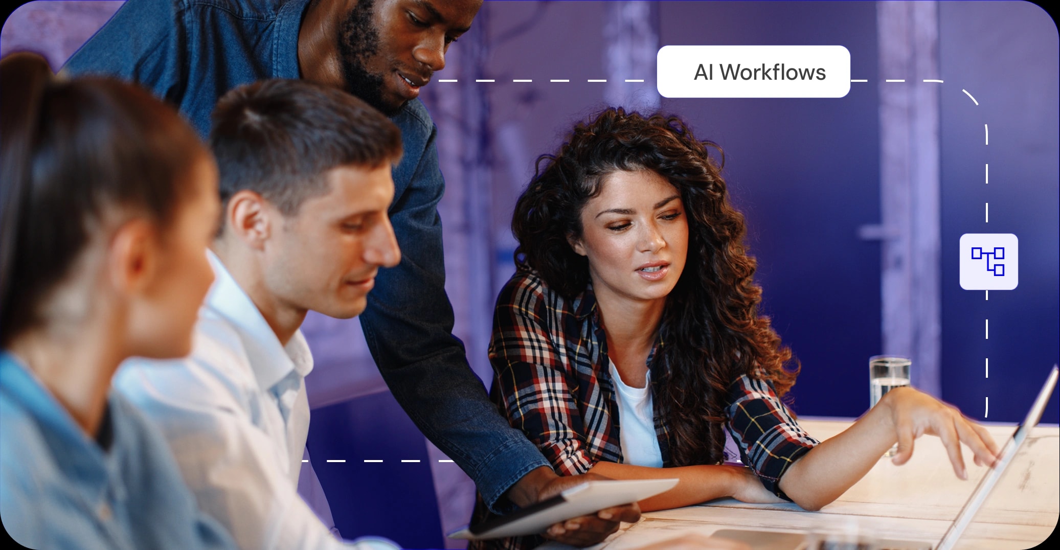 Team reviewing work on a laptop with AI Workflows overlay — Bees executing tasks across departments