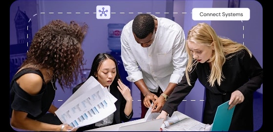 Team collaborating over documents with Connect Systems overlay — context layer across CRM, ERP, and HCM