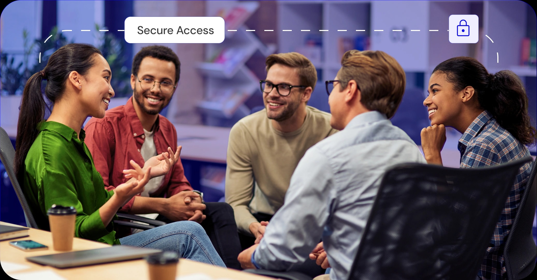 Team in discussion with Secure Access overlay — role-based permissions and security guardrails on every interaction