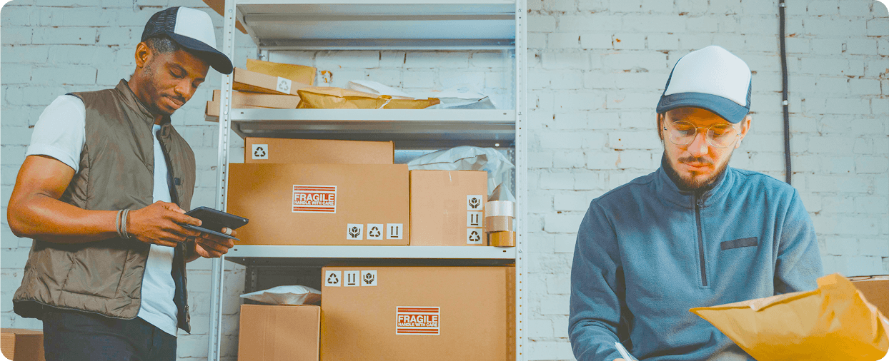 Warehouse operations team managing inventory and shipments, supported by enterprise AI to flag risks early