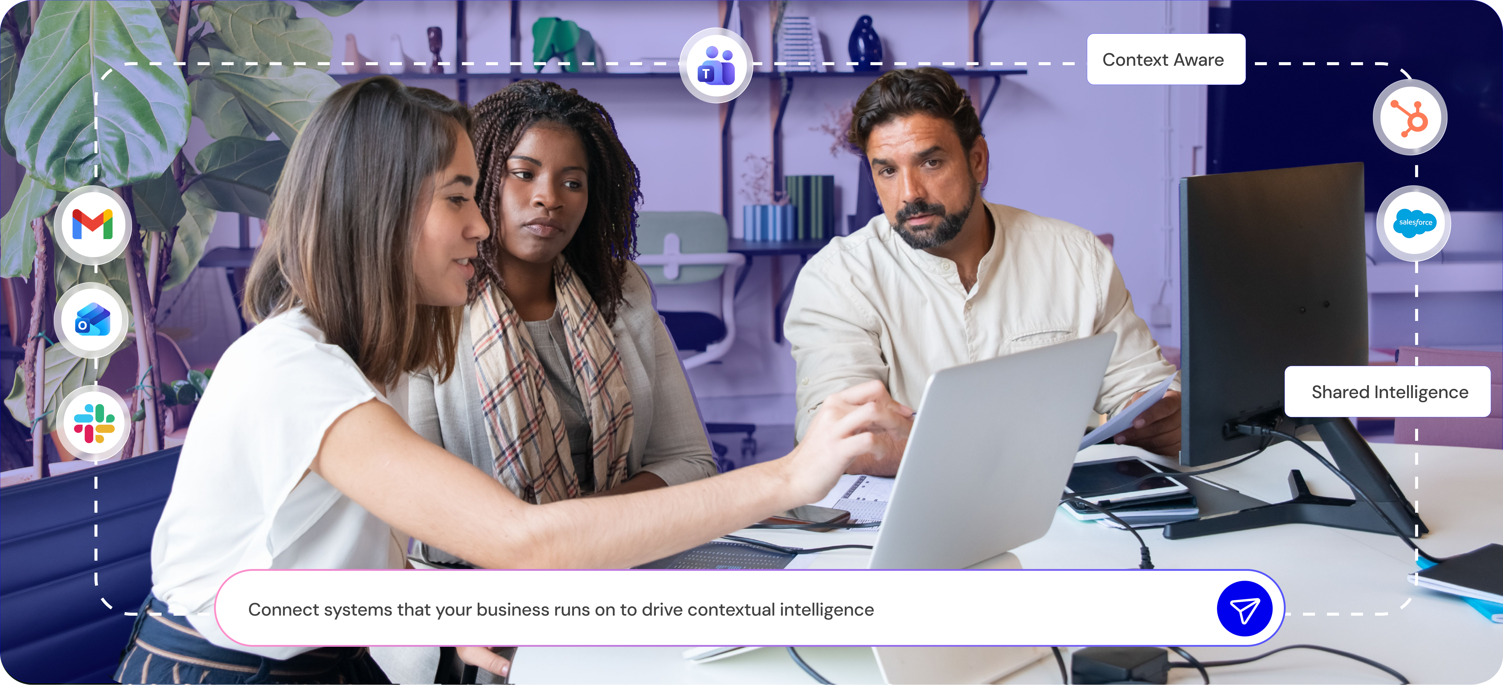 Compiled knowledge connecting Gmail, Outlook, Slack, Teams, HubSpot, and Salesforce around a collaborating team
