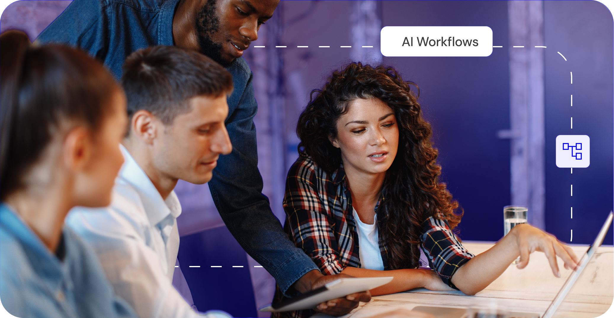 Team reviewing work on a laptop with AI Workflows overlay — Bees executing tasks across departments