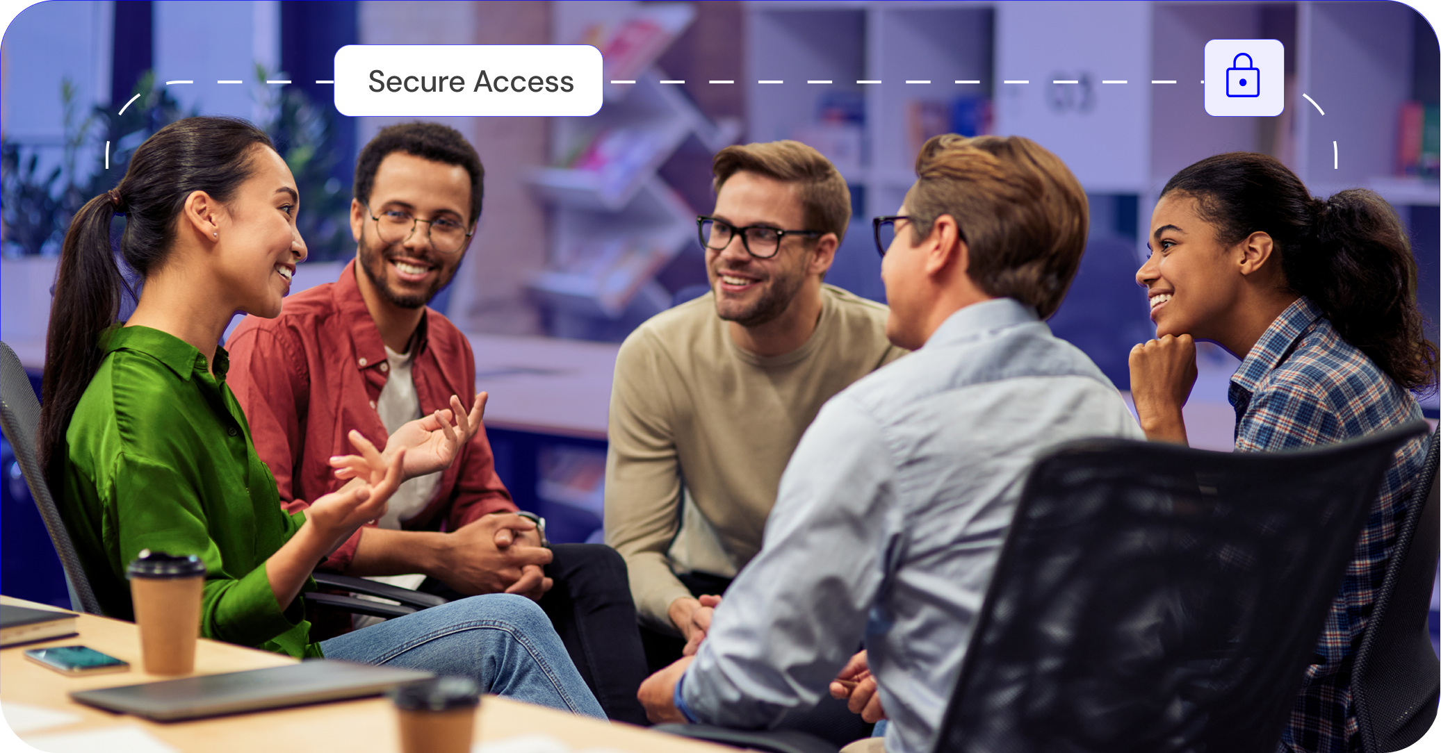 Team in discussion with Secure Access overlay — role-based permissions and security guardrails on every interaction